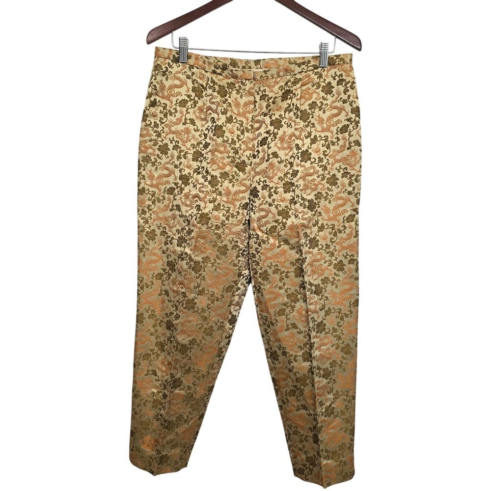 Women's Silk Blend Gold Dragon Brocade Pants Sz 14 Asian Jacquard Cropped Luxury
